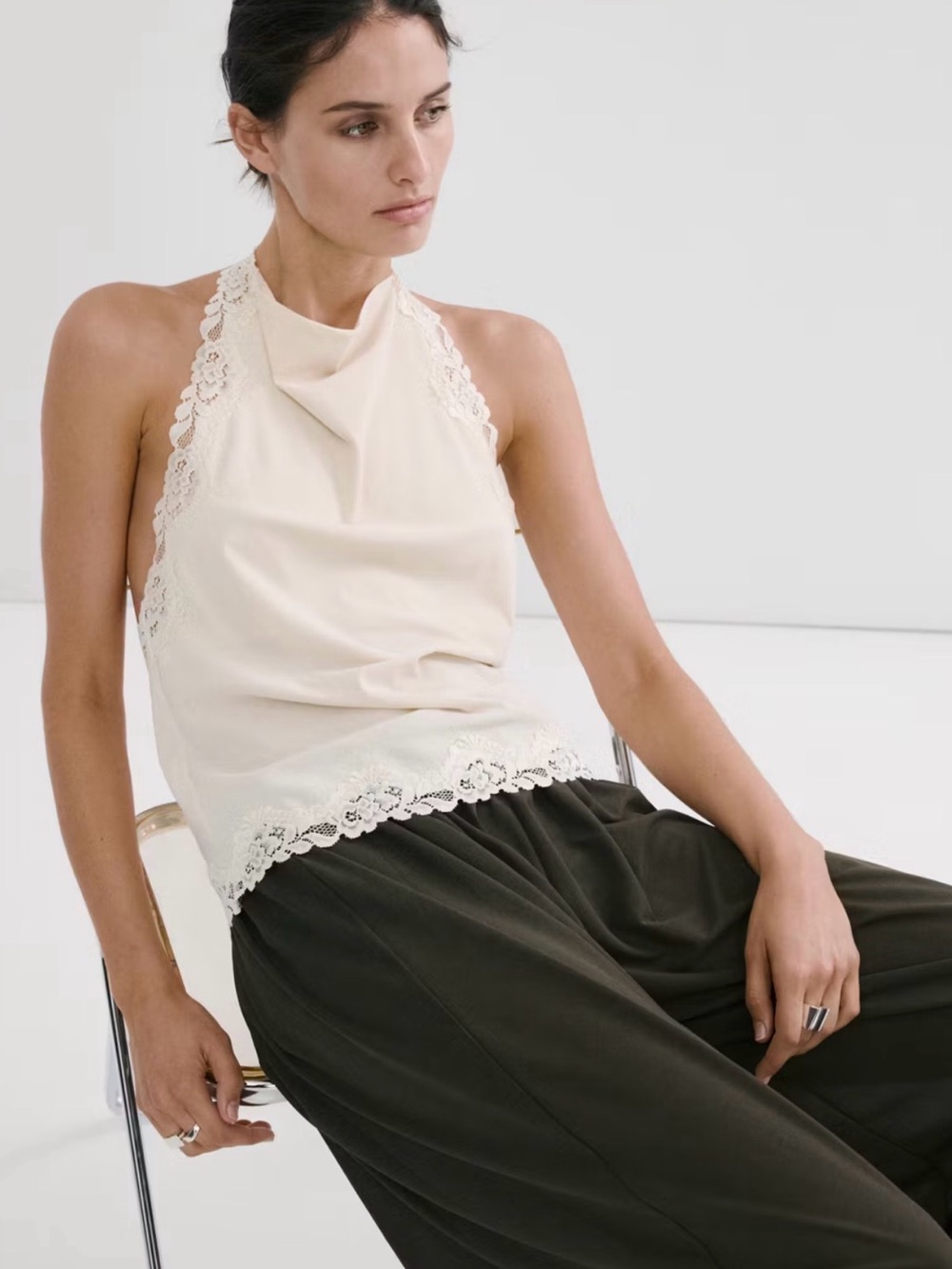 Mango Cream Lace-Trim Halter Tank